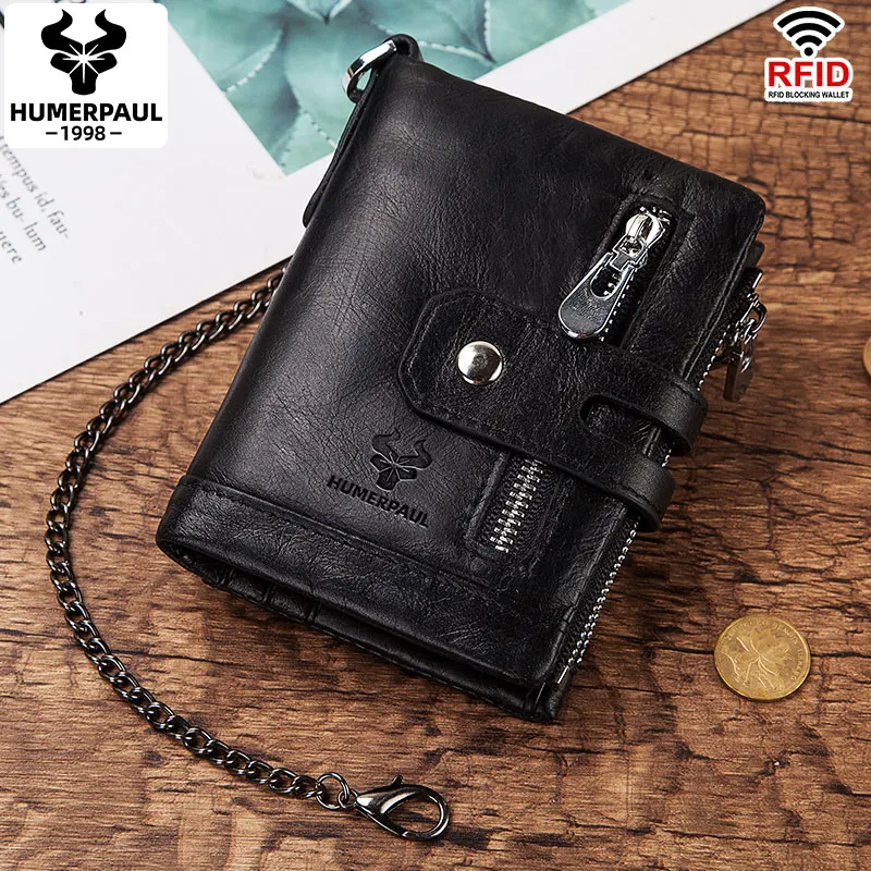 HUMERPAUL100% Genuine Cowhide Leather Wallet For Men Short RFID Money Purse Card Holder Double Zipper Bifold Coin Pocket - AliExpress 1524 - Image 6
