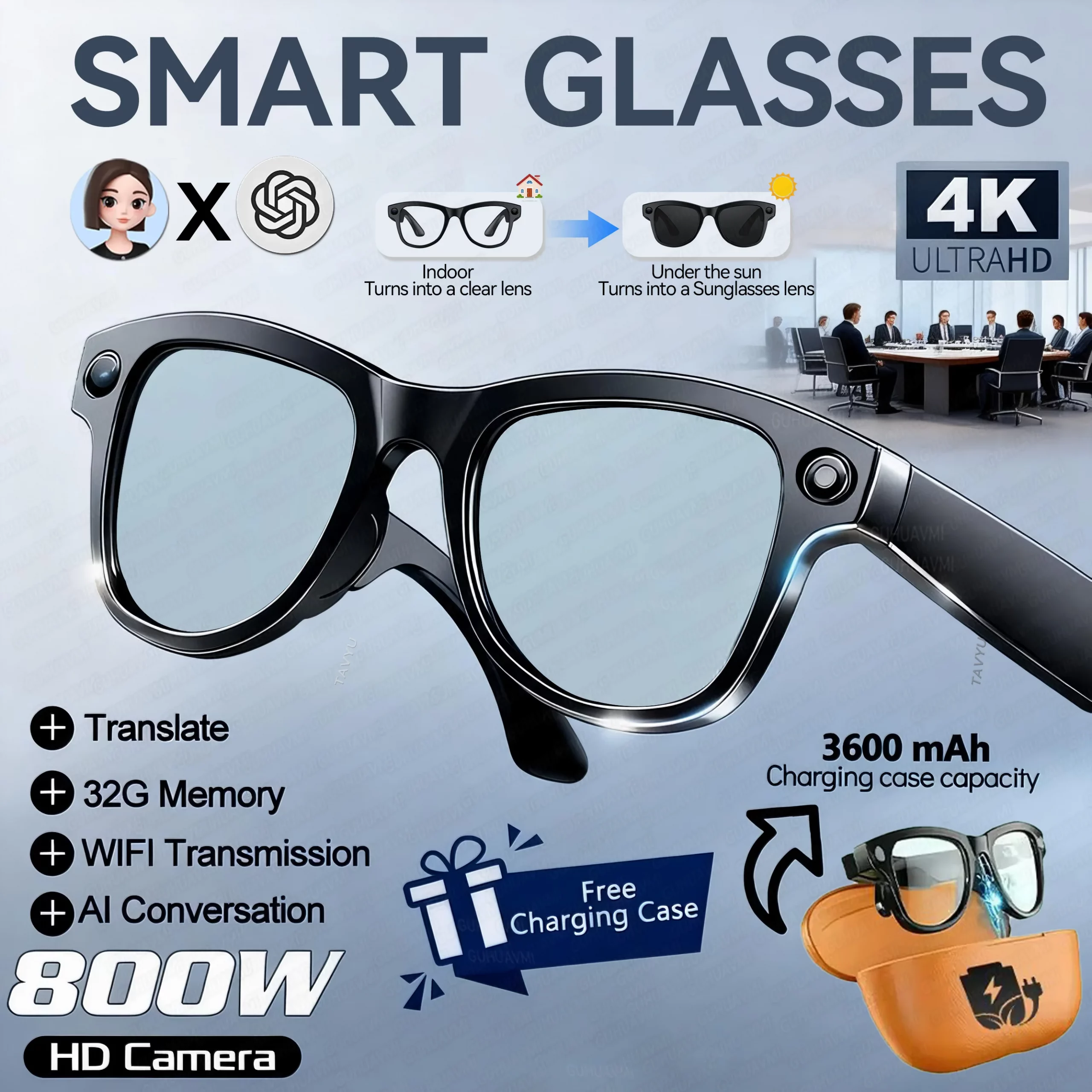 2026 AI Smart Glasses With 8MP Camera AI Voice Contorl Photo Recognition Shooting Video 150+Translation Photochromic Glasses Men - Color : Black Color