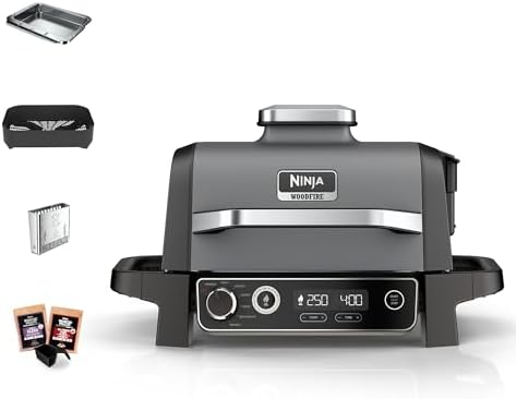 Ninja Woodfire Electric BBQ Grill & Smoker, Portable, Grey/Black, OG701UK, | 7-in-1 Outdoor Grill & Air Fryer, Roast, Bake, Dehydrate, Uses Woodfire Pellets, Weather Resistant, Non-Stick, Electric