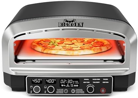 BIG HORN OUTDOORS Pizza Oven Indoor, 14 Inch Electric Countertop Pizza Oven with 6 Preset Modes, Perfect Pizza Maker Machine for Home, Pizza Cooker with Pizza Stone and Pizza Peel, Stainless Steel